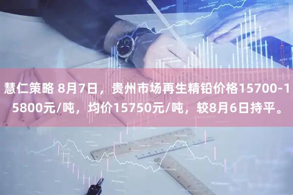 慧仁策略 8月7日，贵州市场再生精铅价格15700-15800元/吨，均价15750元/吨，较8月6日持平。
